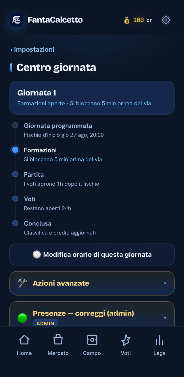Il centro giornata con le fasi della partita