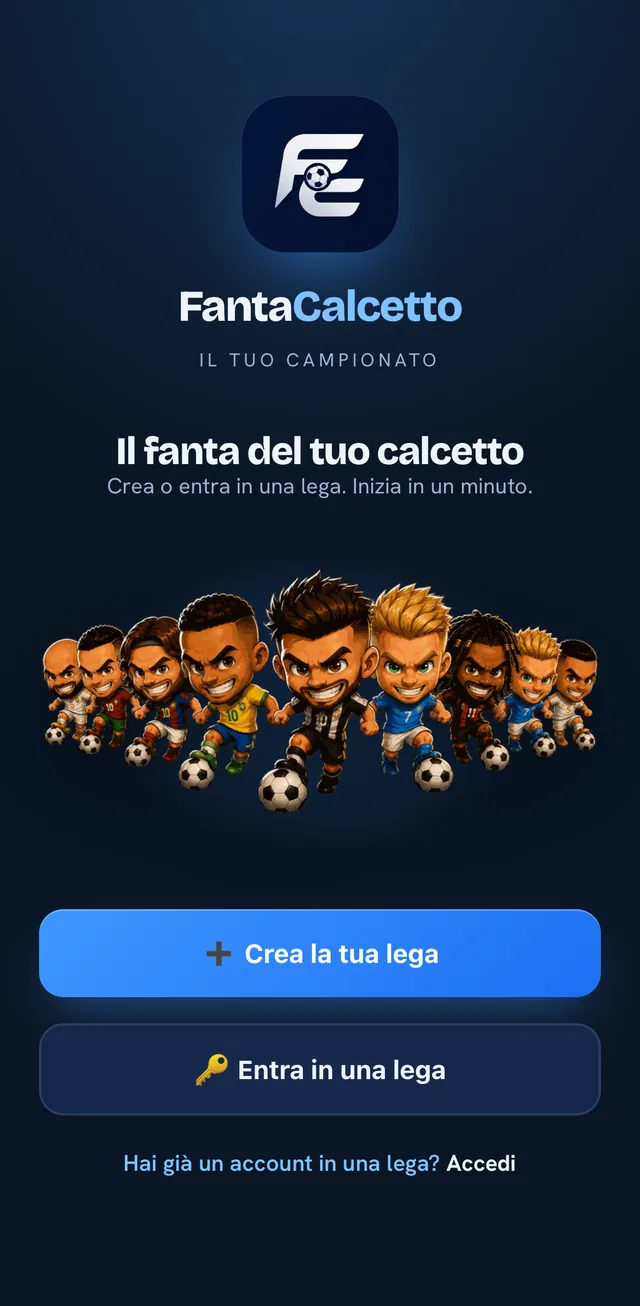 La schermata iniziale: crea la tua lega o entra in una lega esistente