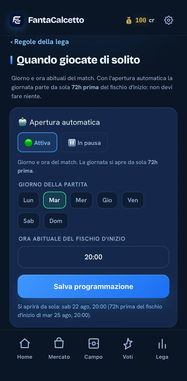 Le impostazioni: giorno e ora abituali del match con l'apertura automatica