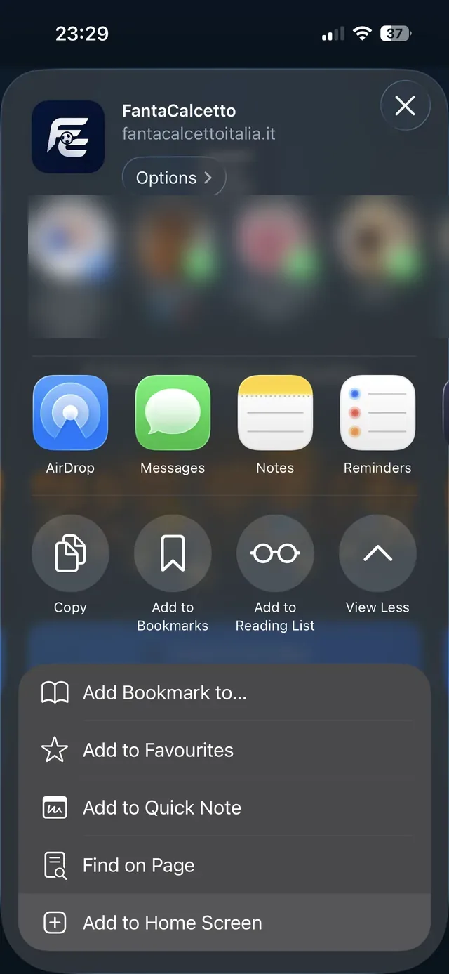 Il pannello Condividi di iOS con la voce Aggiungi a Home