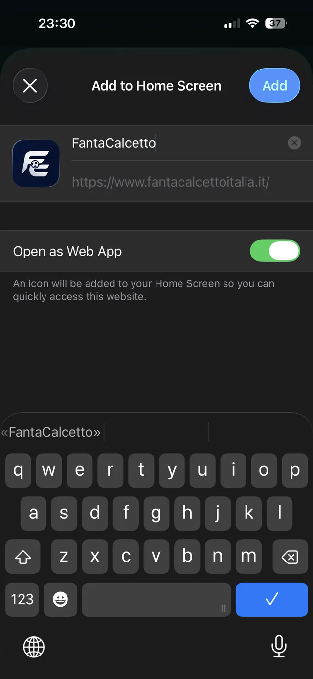 La conferma con il nome dell'app e il pulsante Aggiungi